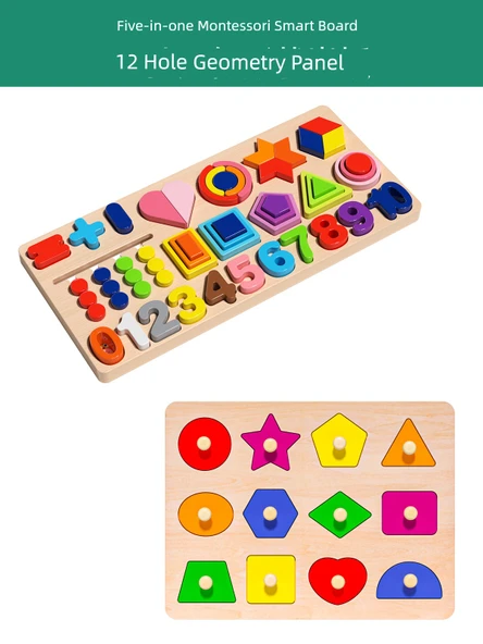 Montessori Erken Eğitim Puzzle - Beş-in-Bir Arada Montessori Akıllı Tahta + 12 Delikli Geometrik Panel