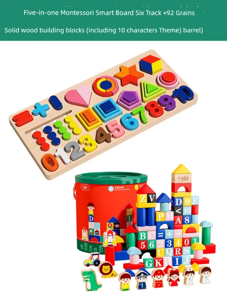 Montessori Erken Eğitim Puzzle - Beş-in-Bir Arada Montessori Akıllı Tahta + 92 Tamamı Masif Ahşap Bloklar (10 Karakter Temalı) [Varil]