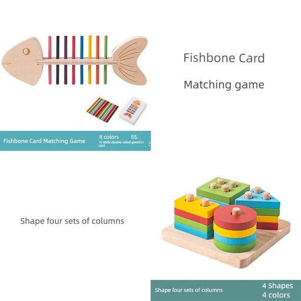 Balık Kılçığı Kart Eşleştirme Oyunu - Montessori Geometri Sütunlu