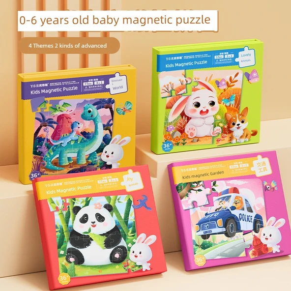Manyetik Çocuk Puzzle - Aile Fotoğrafı 4 Kitap (Sevimli, Mutlu Hayvanlar, Taşıtlar, Dinozor)
