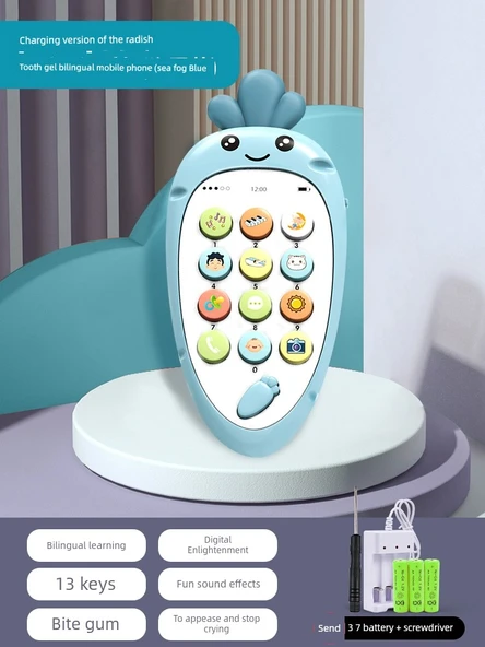 Bebek Müzikli Telefon Oyuncak - Şarjlı - Turp Jel - İki Dilli - Deniz Köpüğü Mavisi