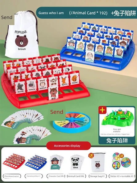 Hafıza Geliştirici Kaydırmalı Puzzle - Lüks (2 Satranç Tahtası + 192 Hayvan/İnsan Kartı) Çark, Çanta ve Tavşan Tuzağı Hediyeli