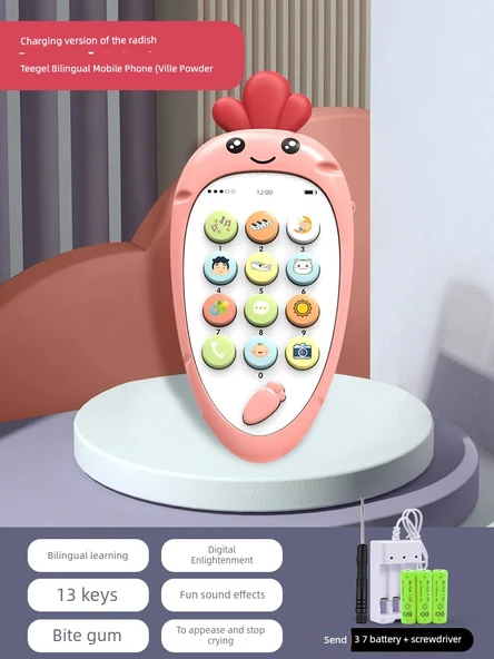 Bebek Müzikli Telefon Oyuncak - Şarjlı - Turp Jel - İki Dilli - Pudra Pembesi