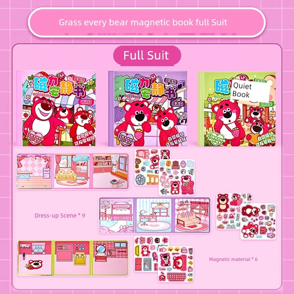 Çilek Ayı Manyetik Sessiz Kitap - Gündelik + Pazar + Pasta Odası Süper Manyetik 3'lü Paket