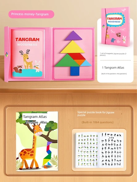 Manyetik Ahşap Tangram Puzzle Seti - Pembe Tangram + Genişletilmiş Soru Kitabı