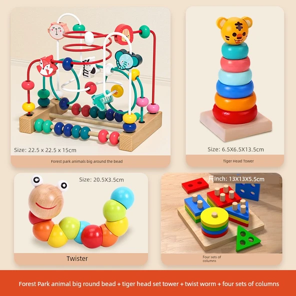 Bebek Boncuklu Yapboz - Orman Parkı Hayvan Büyük Yuvarlak Boncuk + Kaplan Kafası Kule Seti + Bükülmüş Solucan + Dört Sütun Seti