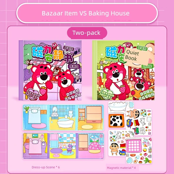 Çilek Ayı Manyetik Sessiz Kitap - Pazar + Pasta Odası Süper Manyetik 2'li Paket