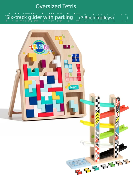 Tetris Puzzle Oyuncak - Büyük Boy - Altı Raylı Kaydırak ve Park Yeri (7 Kayın Arabalı)