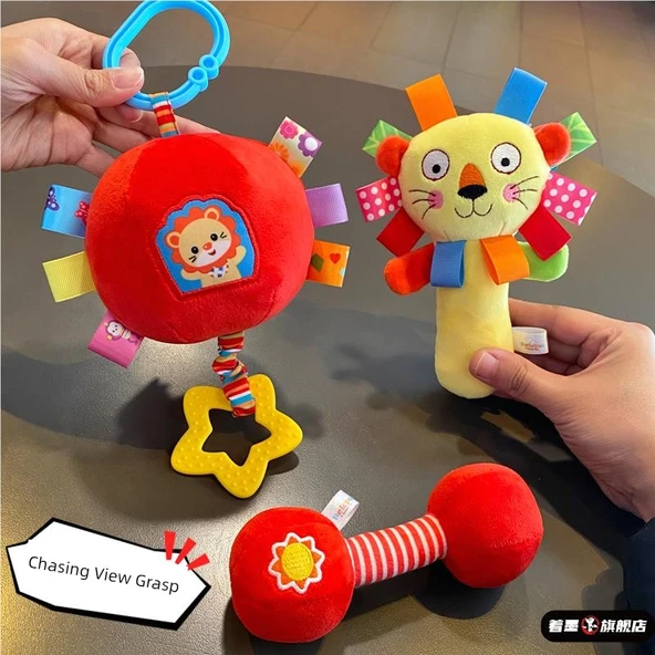 Yumuşak Kumaş Bebek Oyuncağı - Aslan Topu + Dambıl + Aslan Çıngırak