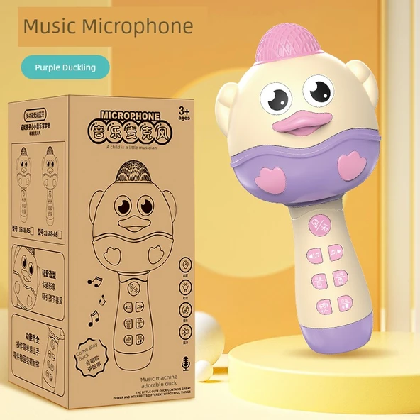 Çocuklar için Sevimli Ördek Mikrofonlu Karaoke Makinesi - Pembe Mor (Model 2)