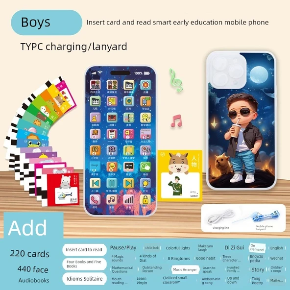Çocuk Eğitici Oyuncak Telefon - Çizgi Film Çocuk - 32 Tuş - 440 Kart