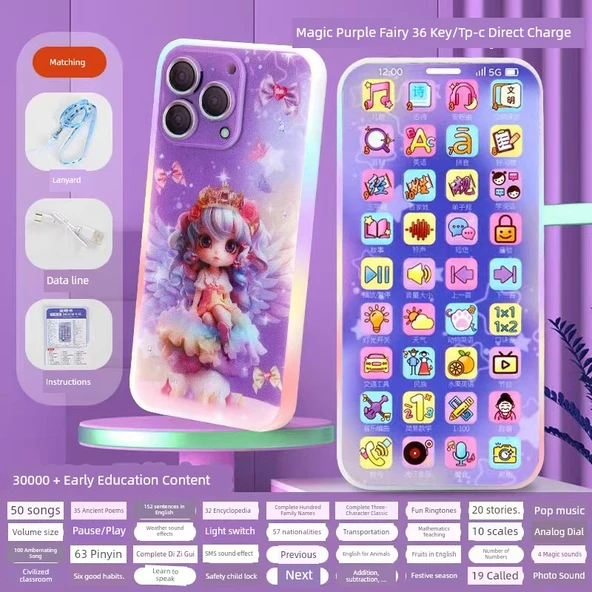 Çocuk Oyuncak Telefon - Mor Peri Model Şarjlı - 36 Tuşlu
