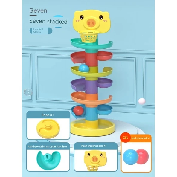 Bebek Dönen Tabla Raylı Top Oyuncak - 7 Katmanlı Gökkuşağı Raylı (5 Toplu)