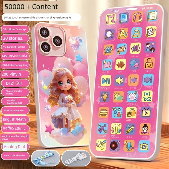 Şarjlı Dokunmatik Ekran Oyuncak Telefon - 36 Tuş Pembe Prenses