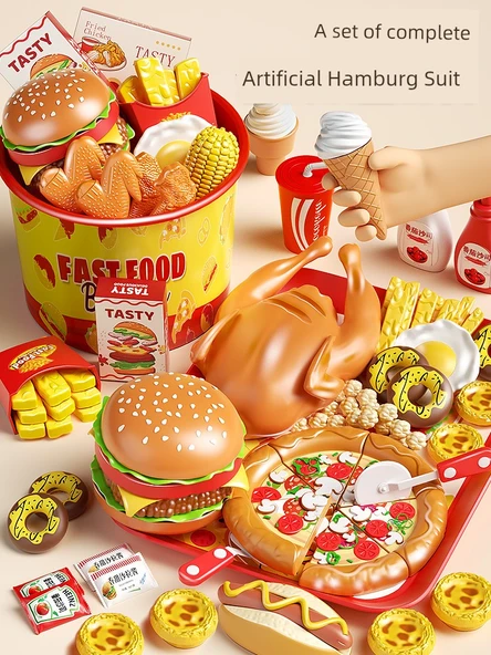 Çocuklar için Hamburger Oyuncak Seti - 62 Parça - Aile Kovası ve Fast Food Tabağı - 6