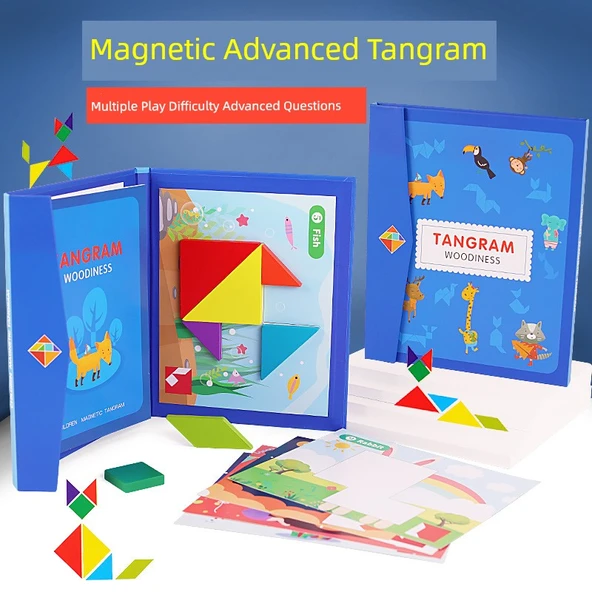 Manyetik Tangram Puzzle - Mavi Gelişmiş Versiyon - 96 Soru Kitabı + 5 Soru Kartı