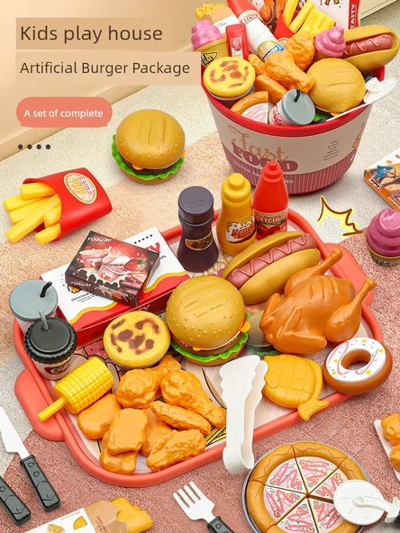 Çocuklar için Hamburger Oyuncak Seti - 62 Parça - Aile Kovası ve Fast Food Tabağı - 2