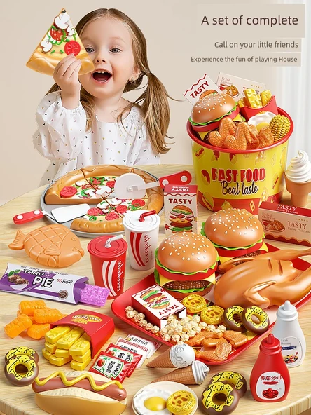 Çocuklar için Hamburger Oyuncak Seti - 62 Parça - Aile Kovası ve Fast Food Tabağı - 4
