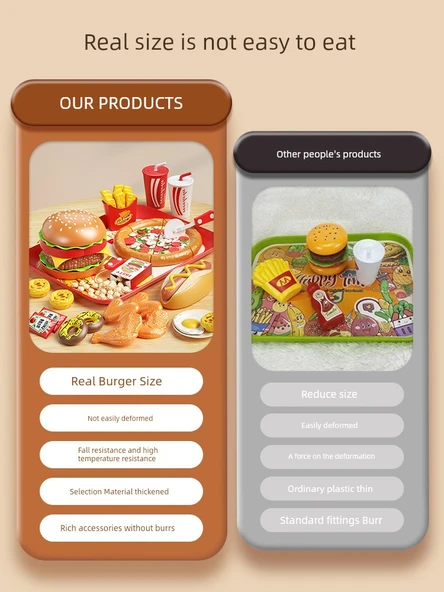 Çocuklar için Hamburger Oyuncak Seti - 62 Parça - Aile Kovası ve Fast Food Tabağı - 8