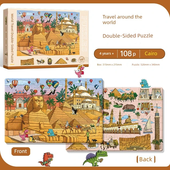 Kahire Temalı Çift Taraflı Puzzle - 108 Parça (5-7 Yaş)