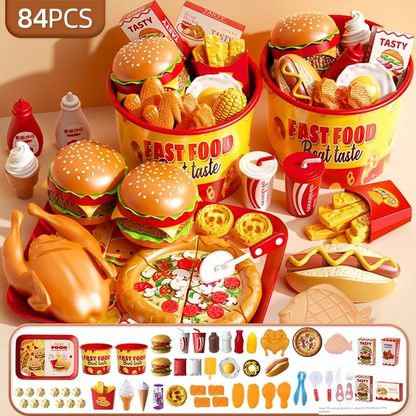 Çocuklar için Hamburger Oyuncak Seti - 84 Parça - 2 Aile Kovası ve Fast Food Tabağı