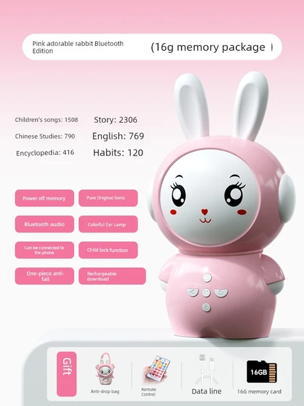 Pembe Sevimli Tavşan Çocuk Hikaye Makinesi Bluetooth 16GB