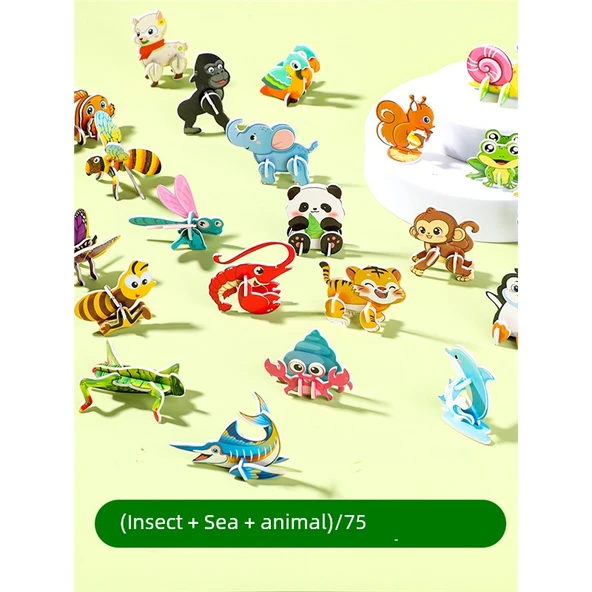 3D Puzzle Kart Oyuncak - Hayvanlar + Okyanus + Böcek - 75 Parça