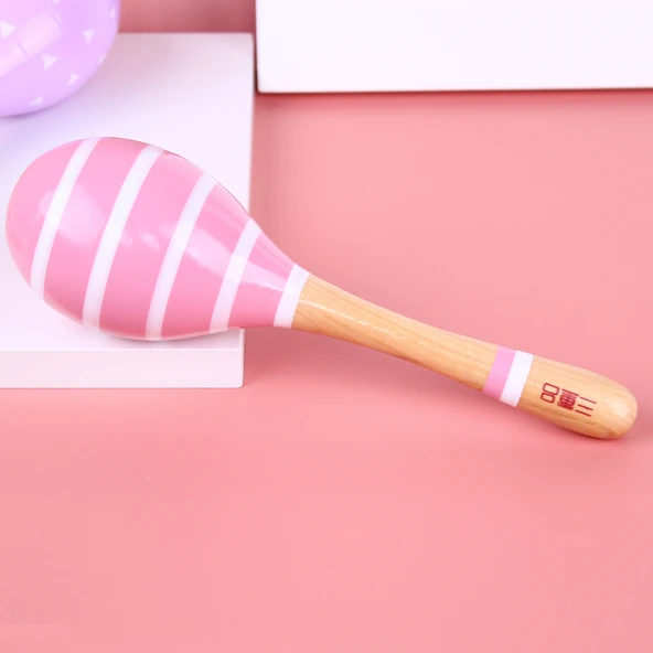 Ahşap Marakas Orff Vurmalı Çalgı Kum Topu - Pembe Çizgili