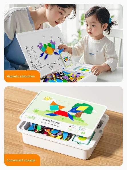Manyetik Tangram Puzzle Seti - Çeşitli Tangram + 100 Sayma Çubuğu (Demir Kutulu) - 6
