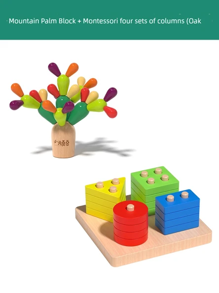 Ahşap Kaktüs Yapı Blokları + Montessori Dört Sütunlu Meşe Seti