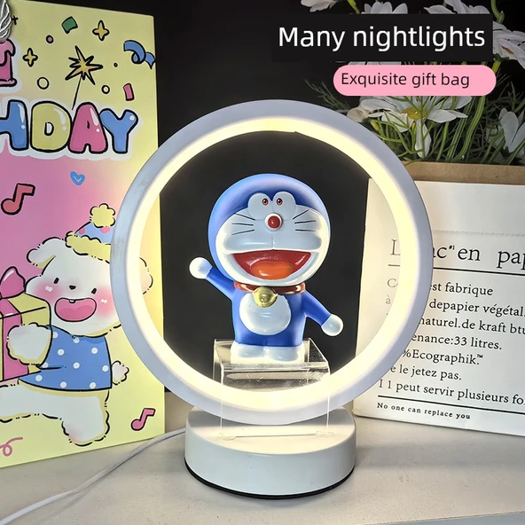 Doraemon Yuvarlak Gece Lambası - Ayakta Duran Doraemon - Hediye Çantalı - Sıcak Işık