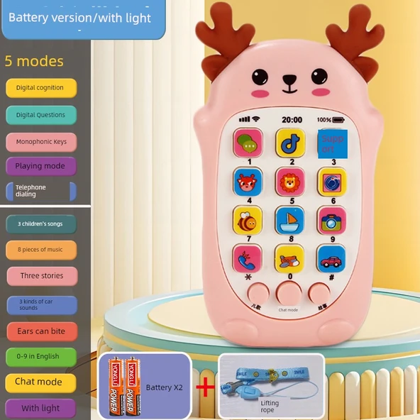 Işıklı ve Müzikli Isırılabilir Bebek Telefonu Oyuncağı - Geyik Pembe (Pilli)
