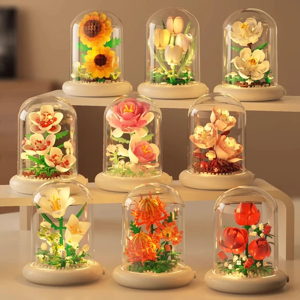 DIY Sukulent Saksı Yapı Taşları - 9 Işıklı Ebedi Çiçek Işıklı Tabanlı + Tozluklu [9 Kutu] 1500+ Parça