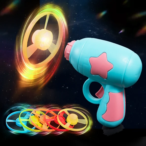 Çocuk Uçan Daire Tabanca Oyuncak Seti - Çift Tabanca - Mavi + Pembe - 2 Tabanca 10 UFO + 2 Işıklı UFO + 2 Işıklı Cayro - 4