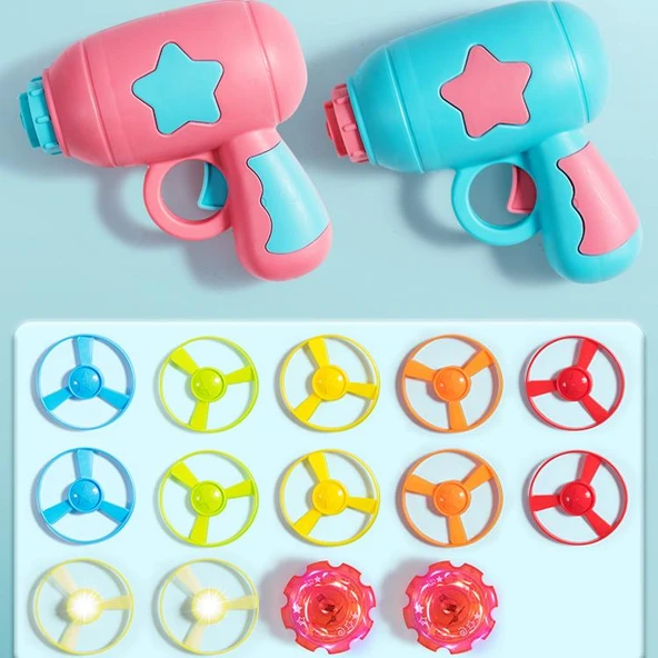 Çocuk Uçan Daire Tabanca Oyuncak Seti - Çift Tabanca - Mavi + Pembe - 2 Tabanca 10 UFO + 2 Işıklı UFO + 2 Işıklı Cayro