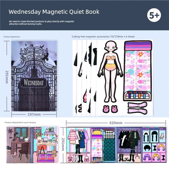 Manyetik Sessiz Kitap - Wednesday ve Küçük Kurt Kız (Çift Karakter + Altı Sahne + 12 Kıyafet Seti)