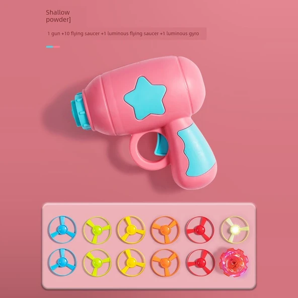 Çocuk Uçan Daire Tabanca Oyuncak Seti - Pembe - 1 Tabanca 10 Uçan Daire + 1 Işıklı Uçan Daire + 1 Işıklı Cayro