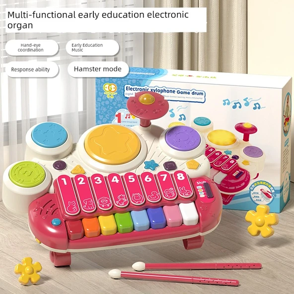 Elektronik Klavye ve Davul Seti - Kırmızı - Pilli - Hediye Kutulu