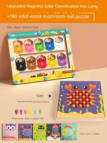 Montessori Labirent Oyuncak - Manyetik Renk Sınıflandırma + 180 Ahşap Mantar Çivi Puzzle
