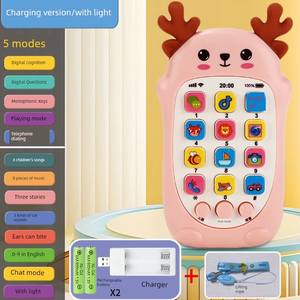Işıklı ve Müzikli Isırılabilir Bebek Telefonu Oyuncağı - Geyik Pembe (Şarjlı)