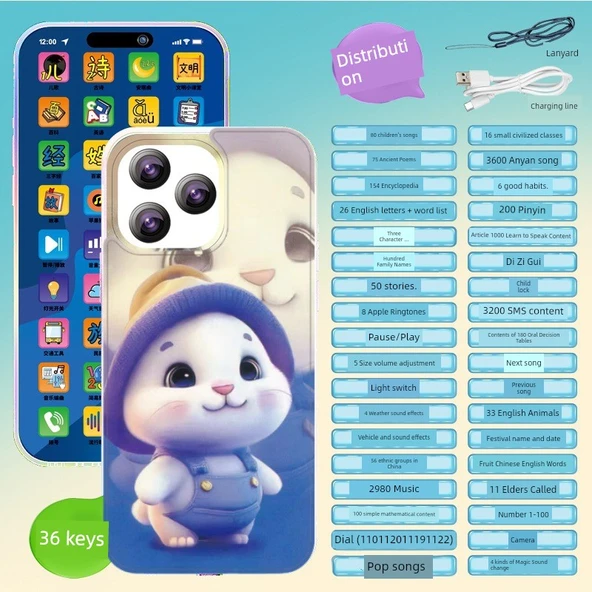 Çocuk Eğitici Oyuncak Telefon - 36 Tuşlu Mavi Tavşan Model