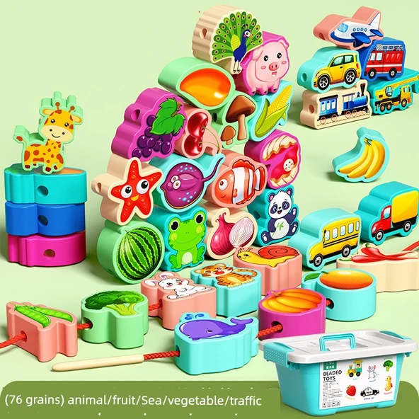 Montessori İpli Boncuk Oyuncak - 76 Hayvan + Meyve + Sebze + Deniz + Trafik (Saklama Kutulu)