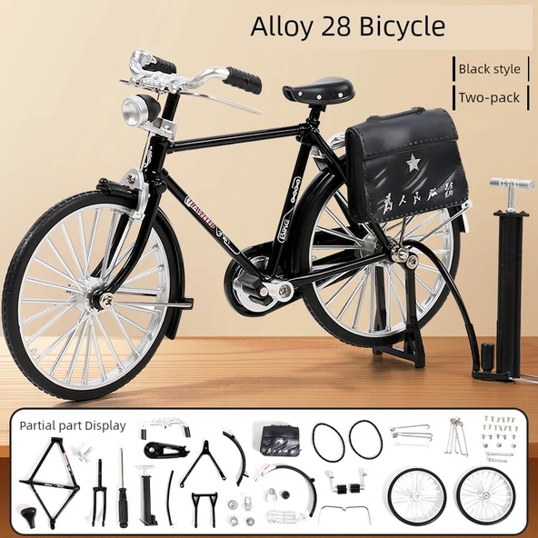 Retro Alaşım Bisiklet Model Seti - 2'li Paket - Siyah Pompalı Çanta ile