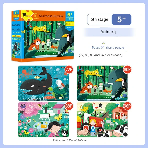 Çocuk Merdiven Puzzle - 5-6 Yaş Hayvanlar - Tek Kutu 4 Parça