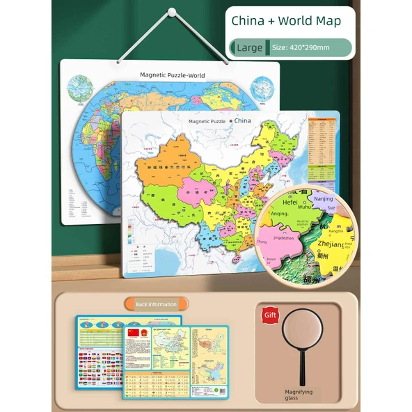 Manyetik Dünya Haritası Puzzle - Büyük Boy Çin ve Dünya Yapboz Seti - Resim 10