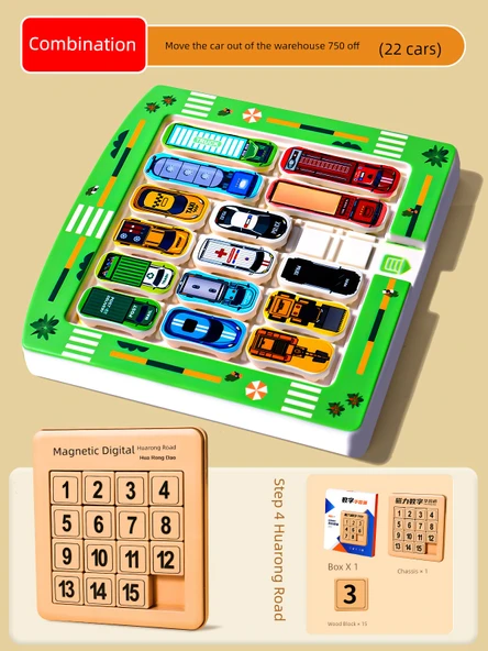 Çocuklar için Zeka Geliştirici 2'li Puzzle Seti - Depodan Araba Çıkarma (750 Soru, 22 Araba) + 4. Seviye Huarong Yolu