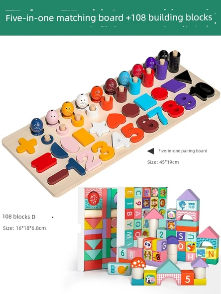 Montessori Erken Eğitim Beş-in-Bir Eşleştirme Tahtası + 108 Parça Yapı Bloğu