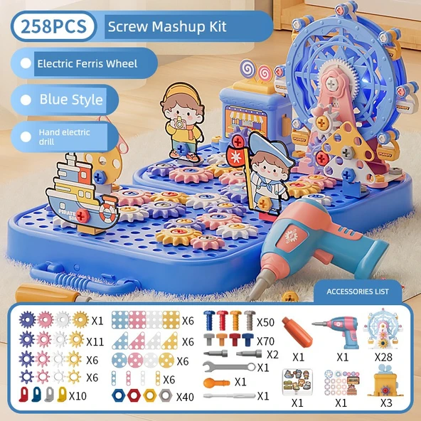 Çocuklar için Vidalı Oyuncak - Mavi Elektrikli Lüks Set - 258 Parça