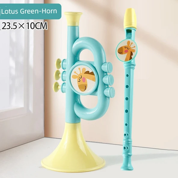 Çocuk Eğitici Müzik Aleti Seti - Mint Yeşili Büyük Korna + 8 Delikli Klarnet