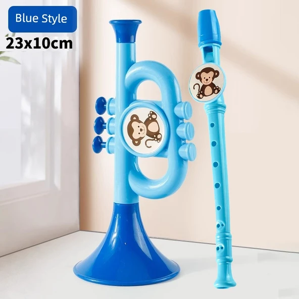 Çocuk Eğitici Müzik Aleti Seti - Mavi Büyük Korna + 8 Delikli Klarnet